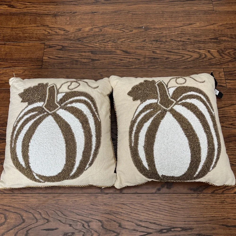 Lot Of 2 mi chateaux pillows beaded pumpkins Gold White 15